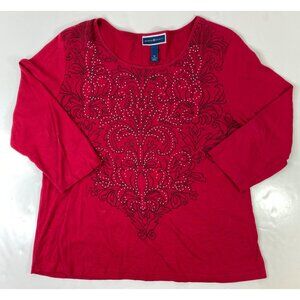 Karen Scott Womens Red Beaded Fleur de Lis Long Sleeve Top Size XL